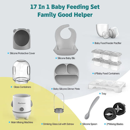 Baby Food Maker, 17 in 1 Baby Food Processor, Food Blender with Baby Food Containers, Grey